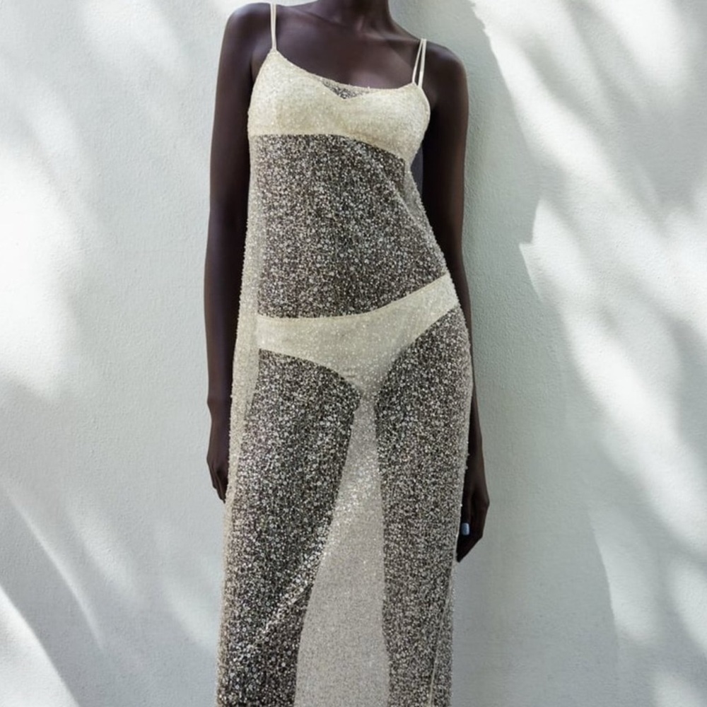 NWT GOLD BEADED SEMI SHEER SEQUIN FITTED DRESS NEW SZ LARGE